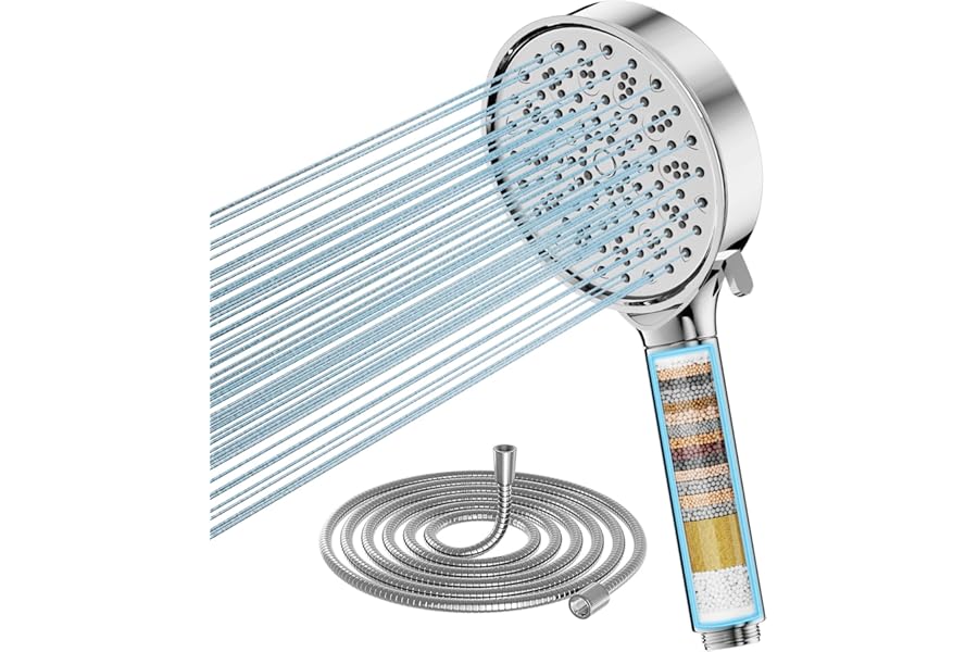 Cobbe Hard Water Filter Shower Head and Hose with 20 Stage Filter, 6 Spray Jet Modes High Pressure Bathroom Shower Head, Large Powerful Handheld Showerhead for Residual Chlorine Remove
