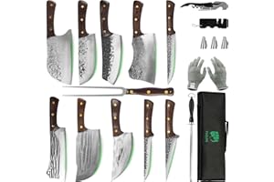 FULLHI Lot de 17 couteaux de boucher portables avec fourchette à viande, fourchette à viande, avec sac en acier à haute teneur en carbone, couteaux de chef pour (17)