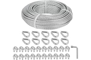 hannger Galvanized Steel Wire Rope Cable, 3/16” Galvanized Steel Cable with Rope Clamp and Thimble, 7X7 Strand Core Aircraft Cable Used for Anchored Shed, Fencing, Sunshade, Clothesline (100ft)