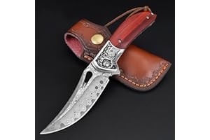 KOMWERO Damast Taschenmesser Klappmesser mit Messerscheide, Scharfe Damaststahl Klinge, Holzgriff, Liner Lock, Flipper, Kugellager - Einhandmesser für Männer Sammeln Jagd Camping