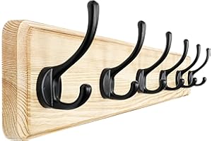 Dseap Coat Rack Wall: 60cm Long, Patented, Heavy-Duty, 6-Double-Hooks Wooden Wall Mounted Coat Rack Coat Hanger Hook Rail for Winter Coats Hat Jacket Clothing, Light Brown