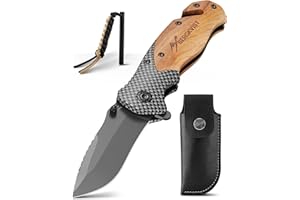 BERGKVIST® K19 Couteau Pliant - Couteau en Bois et Titane pour l'extérieur et la Survie - Couteau de Survie 3-en-1 avec Brise-vitre et Coupe-Ceinture