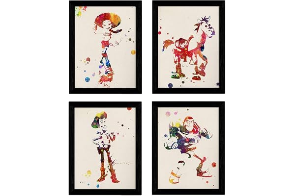Nacnic Ensemble de Quatre Impressions de Style éclatde Couleurs. Affiches de cinéma Toy Story, Buzz, Woody, Jessie et Le Cheval en Fond d'aquarelle au Format A4 sans Cadre.