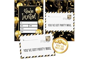 Kirsten McMillan 36 Black & Gold Balloon Birthday Invitations - A6 Birthday Party Invitations Cards for Adults – Invites Designed and Printed in the UK