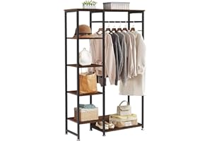 VECELO Free-Standing Garment Rack, Heavy Duty Closet Storage Organizer with 5 Shelves and Hanging Rod, Black Metal Frame, Easy Assembly, Rustic Brown