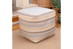 ‎DEKORIST Dekorist Pouf Hocker, Quadrat Sitzpouf, Sitzhocker, Sitzpuff, Fußhocker, Puff Hocker für Wohnzimmer, Schlafzimmer, Pouf Retro, 42x42x46h cm, Gestreifte Creme
