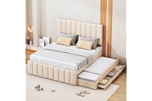 Moimhear Cama tapizada de 140 x 200 cm con cama nido y cajones, tapizado de lino agradable al tacto, cama doble, cama infantil, cama juvenil, cama de invitados (beige)