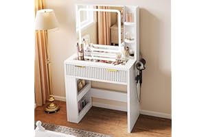 YITAHOME Dressing Table with Adjustable LED Lighting & Sockets, Transparent Glass Top Makeup Table, Vanity Table for Bedroom, 1 Drawers and 4 Compartments, White