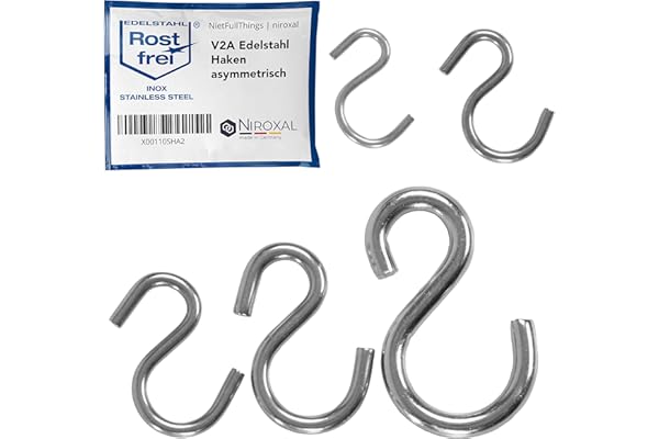 NietFullThings Crochet asymétrique en S en acier inoxydable V2A - Diamètre : 3 mm - Longueur : 30 mm - Crochet en métal à suspendre - Décoration