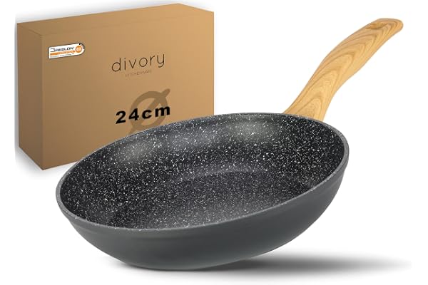 DIVORY Poêle à frire 24cm induction - Grande poêle universelle à revêtement antiadhésif pour tous les types de cuisinières - convient au lave-vaisselle (Poignée : Aspect bois clair)