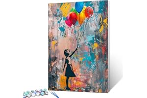 Tucocoo Banksy Girl Peinture par numéro pour adultes, kit de peinture à l'huile sur toile facile à faire soi-même avec pinceaux et pigments acryliques, ballons rétro pour décoration d'intérieur, 40,6