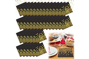 HEVEER Serwetki papierowe w złote kropki, złote foliowane, papierowe serwetki, 40 sztuk, czarne serwetki ze złotymi kropkami, na urodziny, wesele, imprezę, święta