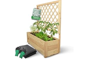 ‎HOLZ4HOME holz4home® Pflanzkasten mit Rankgitter M aus Kiefernholz I 34x98x104 cm I inkl. Gartenhandschuhe & Vlies I Pflanzkübel mit Spalier I Hochbeet für Balkon als Sichtschutz I Blumenkasten