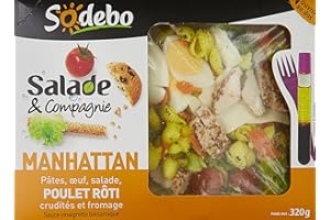 Sodebo Salade Manhattan, pâtes,oeuf,salade,poulet mariné,crudités et parmesan - La boite de 320g