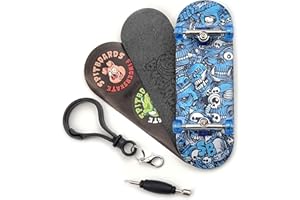 SPITBOARDS 32 x 96 mm Fingerboard Complete Wood Set-Up Assembled, 5-Layers, Silver Trucks with Bushings and Nuts, Transparent CNC Bearing Wheels, Lasered Foam Grip Tape Blue Mummy Skulls