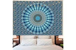Simpkeely Indian Mandala Floral Tapestry, Bohemian Peacock Handmade Flower Medallion Wall Hanging Decorative Tapestries for Bedroom, Living Room - 130 x 150 cm - Blue