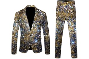 Qmfvqi Anzug Herren 2 Teilig Sets Disco Outfit Glitzer Sakko Jacke und Hose Regenbogen Druck Anzüge für Discokugel Party Karneval Kustüm Hochzeit Mottoparty Disco-Anzug 80er Jahre Outfit