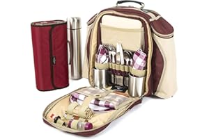 Greenfield Collection 2 Person Deluxe Picnic Set Rucksack; With Matching Picnic Blanket & 1L Flask - Hamper Includes Cutlery Set; Perfect Waterproof Coolbag Backpack for Outdoor; Camping - Red