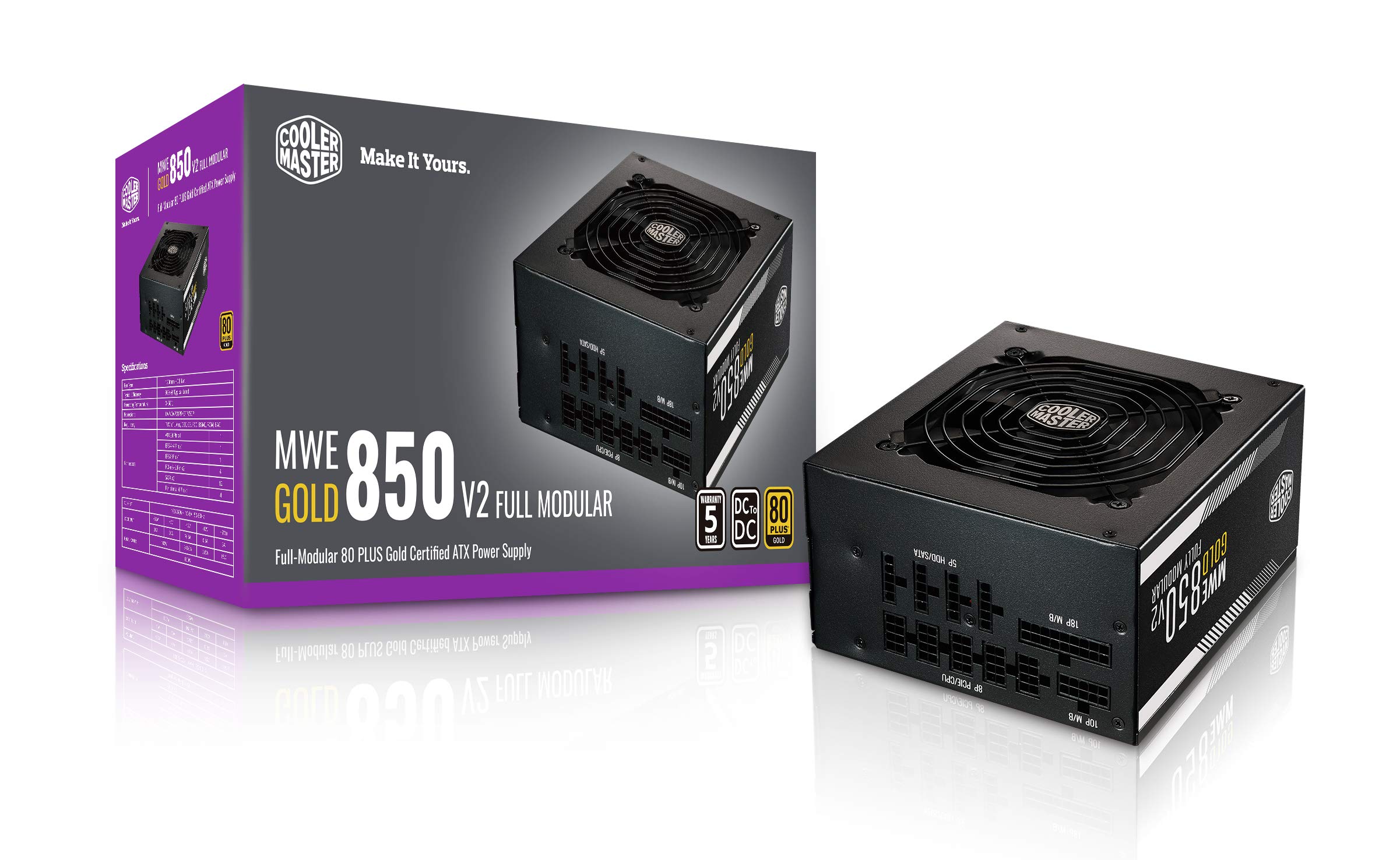 Cooler Master MWE 850 Gold V2 Power Supply - Fully Modular | 80 Plus Gold Certified | 120mm HDB Fan | DC-to-DC Circuit Design | 2 EPS Connectors | 850 Watt