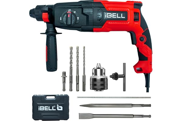 iBELL RH26-82 Rotary Hammer Drill 850W 3J Impact Energy 26mm SDS Plus 0-900 RPM 4000 BPM 26mm Concrete 68mm Masonry 30mm wood 13mm Steel 3.5Kg 13 mm adittional chuck & bits