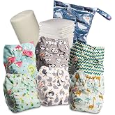 Littles &amp; Bloomz Cloth Diapers - Pocket Diaper with Snaps, 6 Pack with 6 Microfiber Inserts, Bamboo Lining and Waterproof Bag