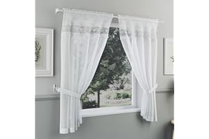 Tyrone Textiles Lucy Embroidered Heart White Kitchen Window Set Curtain Pair with Frill Edging and Matching Tie Backs - Drop 36" (91cm)