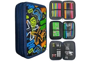 Glamifyr Federmappe Jungen,Mäppchen Jungs,Federtasche 3 Fächer,Federmäppchen Jungen,Federmappe Federmäppchen Groß XXL,Bonus Buntstiften,Bleistiften,Wasserfarben Stiften,Lineal, Radiergummi usw