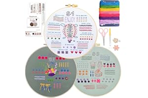 KASURE 3 Piezas Kit de Inicio de Bordado，Kit de Práctica de Puntadas de Bordado para Principiantes，Kits Para Bordar Inicio，con Patrones e Instrucciones, Aros, Hilos de Colores, Agujas y Tela