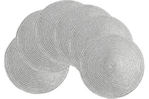 SHACOS Set of 6 Round Placemats Christmas Silver Washable Table Placemats Round Christmas Placemats Glitter Table Mats Round Placemat Woven for Xmas, Holiday, Party, Wedding