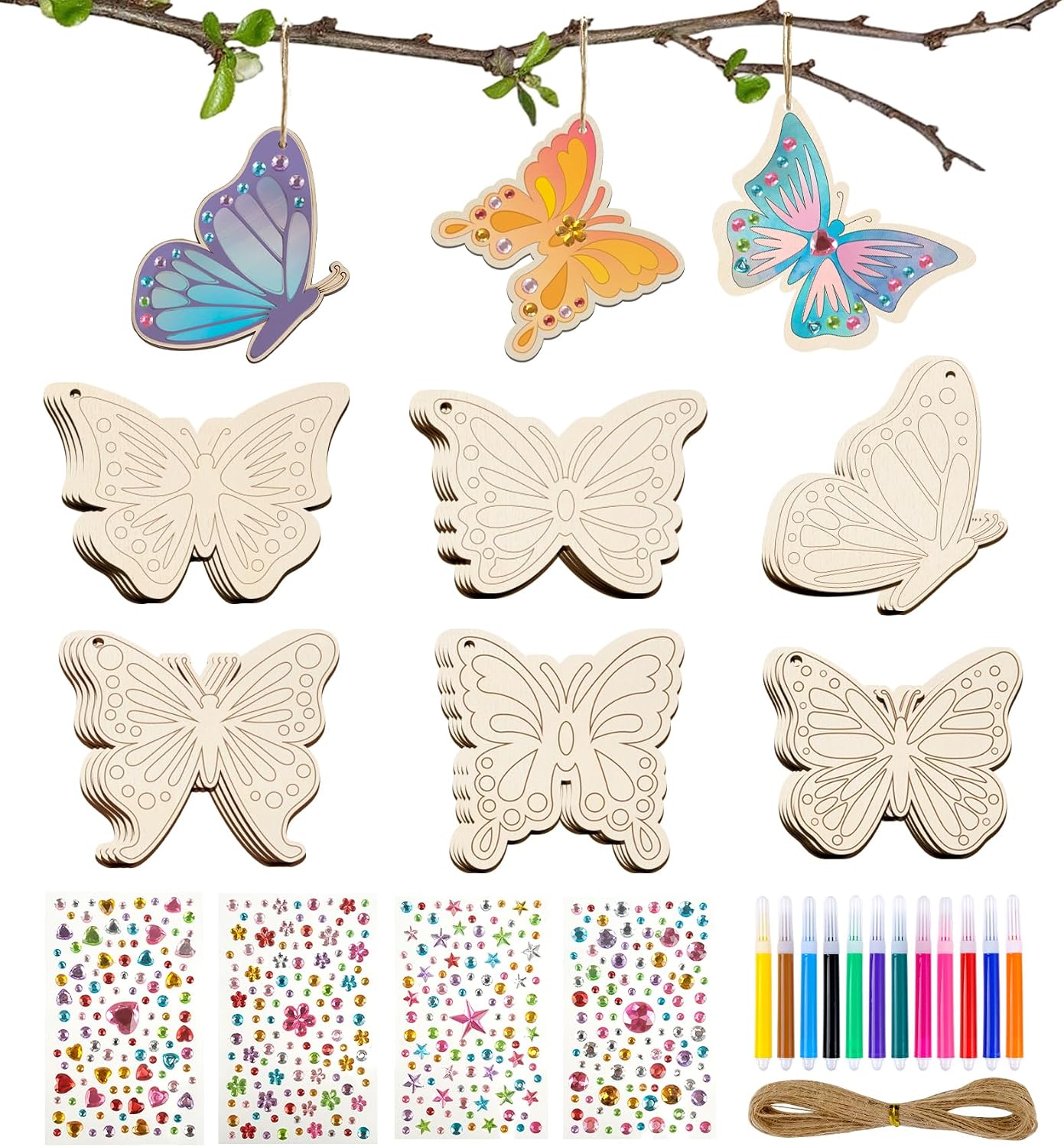 ARTREE Juego de manualidades para niños, mariposas de Pascua para pintar, 24 colgantes de madera, juego creativo para niños, decoración de Pascua, manualidades de primavera e idea de manualidades para