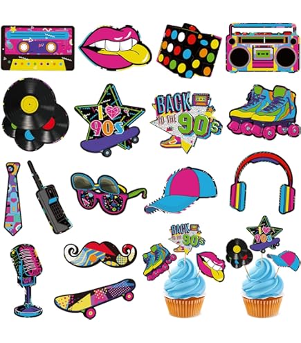 80er Jahre Disco Tortendeko Set – 20 Teile, Retro Party Kuchen Zubehör, Neon & Musik Motive