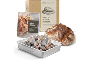 Natovi® - Premium Dampfschüssel mit natürlichen Lavasteinen incl. Rezeptbuch - Brotbackzubehör mit gebrannten Lavasteinen für intensiven Dampf - Lavasteine Backofen