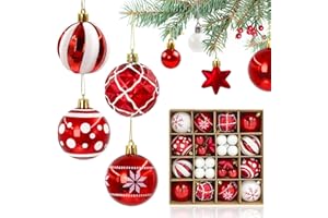 JoryHeim Weihnachtskugeln 42 Stück Set, Christbaumkugeln aus bruchsicherem Plastik, inkl. vormontierten Schlaufen - Weihnachtsbaum Deko & Christbaumschmuck (Rot & Weiß, Glanz/Matt)