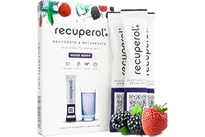 Recuperol Rehydration & Recovery Electrolytes Powder Supplement for Dehydration, Replace Electrolytes (Mineral Salts) & fluids, Zinc, Vitamin C, B12, D3, Potassium, Mixed Berry - 6 Sachets