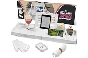 Temple Spring Estante Baño, Bambu Bandeja Baño, Bandeja Bañera Extensible, Accesorios Bañera – Blanco