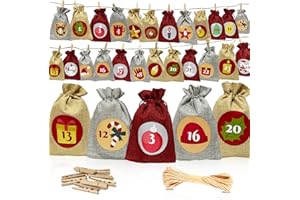 IBOPUXIU 2025 Calendario Adviento, 24 Números Calendario Adviento Para Rellenar, Pegatinas con Números, Pinzas de Madera, Cordel de Yute, Bolsas de Regalo para Manualidades y Regalar a los Niños