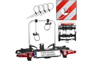 ‎MSZWEIRAD Uebler Fahrradträger i21 Z 90° für 2 Fahrräder Auto Kupplungsträger klappbar E-Bike MTB inklusive reflektierende Warntafel 50x50cm + 4 Spanngummis