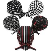 5 Pieces Adjustable Kitchen Hats, Bandana Men and Women, Professional Chef Hat Japanese Style (Black and Red Stripes, B/N Str