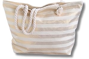 Ropo22 Bolsa De Playa y Piscina De Lona Con Cremallera, Forro Antiarena, Waterproof. Bolso Grande Con Bolsillo Interior y Asas De Cuerda Para Playa, Piscina, Gimnasio. Bolsos de Mujer.