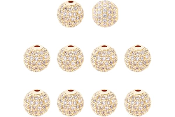 nbeads 1 boîte de 10 pièces 10mm Cristal Zircone Cubique Pavé Micro Réglage Perles Rondes Pavé Boule Disco Perles D'Espacement en Laiton Bracelet Connecteur Charmes pour la Fabrication de Bijoux, Or