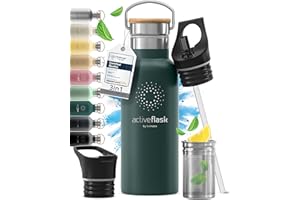 BEMAXX Gourde Inox Isotherme ACTIVE FLASK 1l/500ml sans BPA + Paille (3 Bouchons) | Bouteille d’eau Acier Inoxydable Isolée, Thermos Réutilisable | Camping Velo Sport Running Randonnée Enfant, Café The