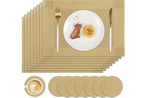 Famibay Placemats and Coasters Set of 8 Gold Christmas Place Mats Heat Resistant Washable Plastic Table Mats for Kitchen Dining Table