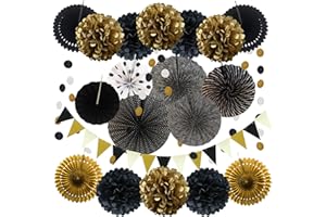 Zerodeco Party Decoration, 21 Pcs Black and Gold Hanging Paper Fans, Pom Poms Flowers, Garlands String Polka Dot and Triangle Bunting Flags for Birthday Party graduations Wedding Décor Happy New Years