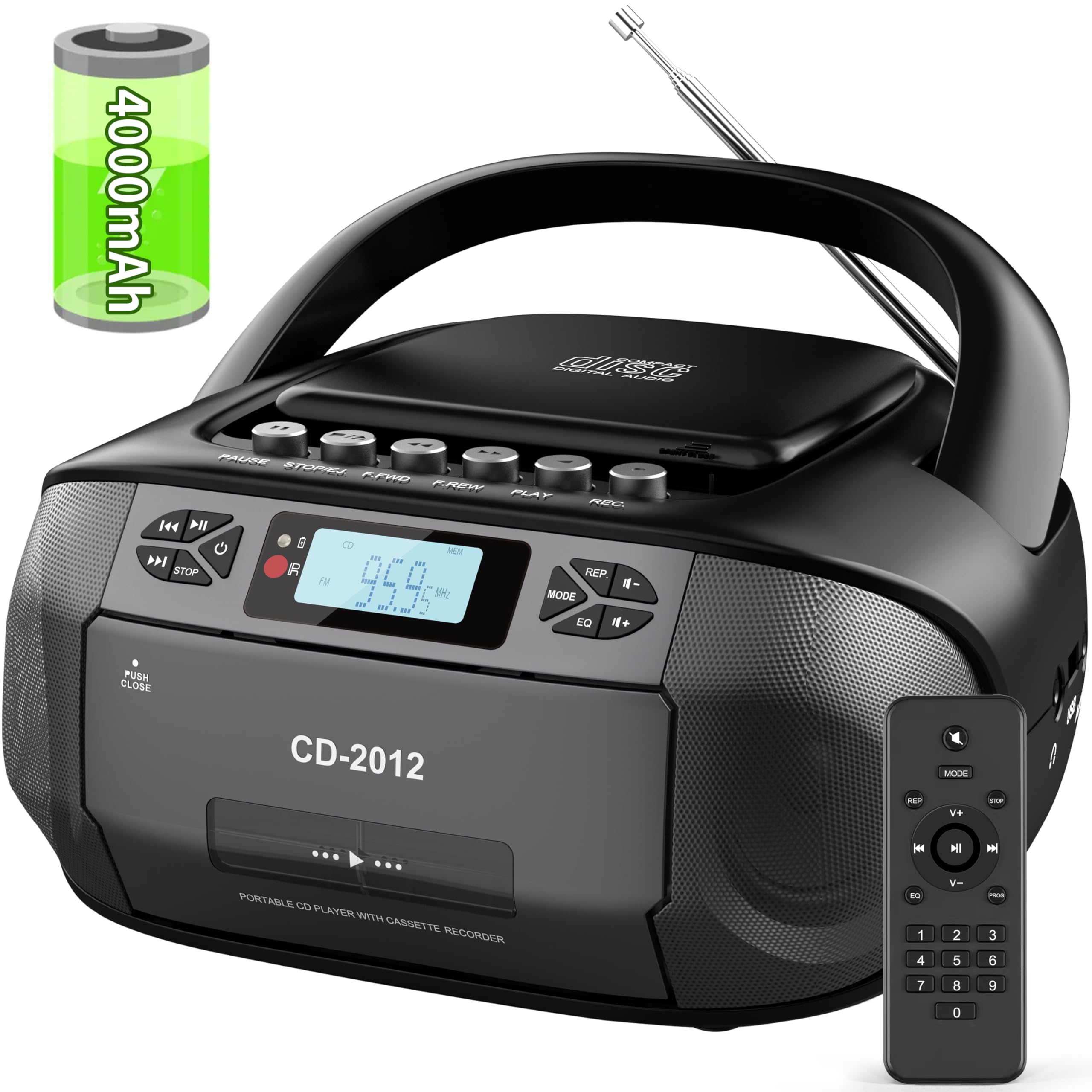 Boombox Cassette CD Player Combo with Bluetooth5.3,FM Radio,Remote Control,Tape Recording,Dual Stereo Speakers,Built-in 2000mAh Rechargeable Battery,3.5mm Earphone Jack/AUX/USB for Home,Senior,Gifts