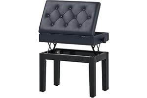 HOMCOM Banc de Piano, Banc de Clavier réglable en Hauteur en Bois Massif, Tabouret Piano avec Compartiment caché, siège rembourré polyuréthane à 10 Boutons, Stable et antidérapant, Charge 200kg, Noir