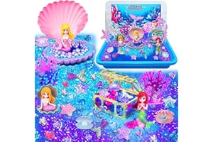 YONGNKIDS Mermaid Sensory Bin, Play Sand Art Kit with Sandbox & Accessories & Tools & Colorful Sea Shell Conch Starfish Gems Toys Set, Indoor Outdoor Sensory Sandbox Toys for Boy Girl Kid Age 3 4 5 6 7 8 9