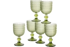 Baroni Home Set de 6 Verres à Pied en Verre Décorés avec des Finitions en Relief de 20 CL, Verres pour Vin et Eau, Lavables au Lave-Vaisselle, 8x8x14,5 cm, Vert