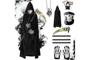 Abitoncc Halloween Black Grim Reaper Costume 5 PCS Skeleton Reaper Fancy Dress Black Cloak Skull Gloves Halloween Party Favors for Adults 140