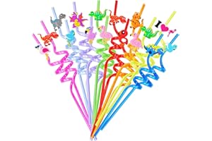 LYLIDIA Pajitas Reutilizables Niños 16 Pajitas Reutilizables de Plástico Pajitas de Dibujos Pajitas Infantiles Pajitas Espiral Pajitas de Fiesta Rizado Pajas Multicolor Leche Zumo (dinosaurio)