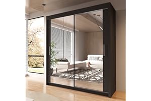 INTERWOOD Modern Full Mirror 2&3 Sliding Doors Wardrobe With Adjustable Shelves, Hanging Rails, Bedroom Furniture (Black 203cm)